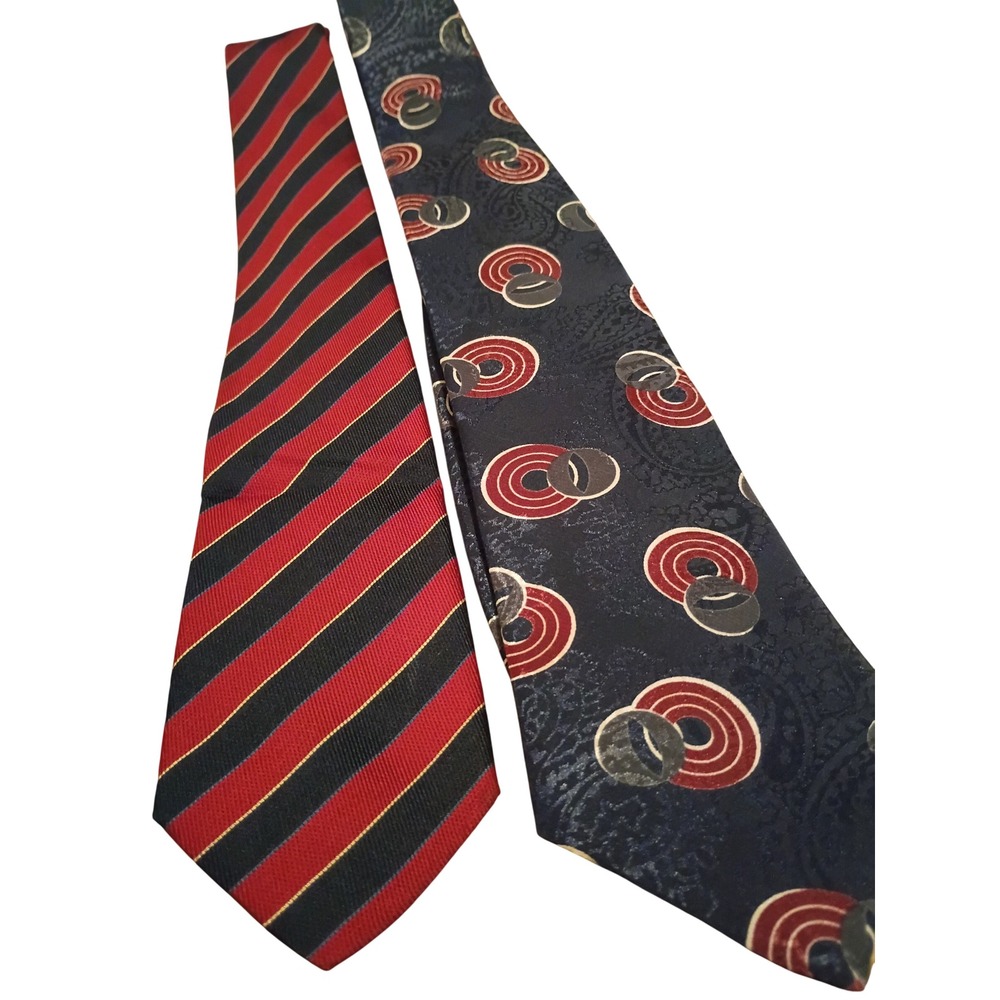 Mylord Italy Silk Tie Lot 2 Vintage Men Red Navy Striped Geometric Geometric